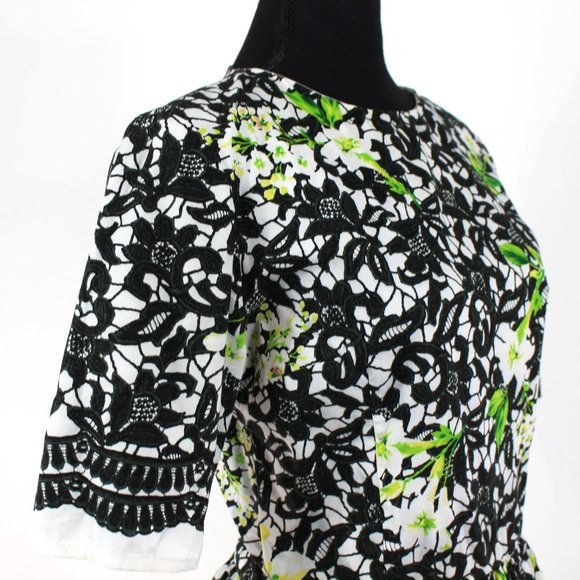 Oscar de la Renta Cotton Poplin Black White Green Floral A-Line Dress 4 - Picture 2 of 8